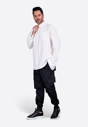 Man wearing an off-white linen formal shirt with tailored fit and classic collar East Vibe